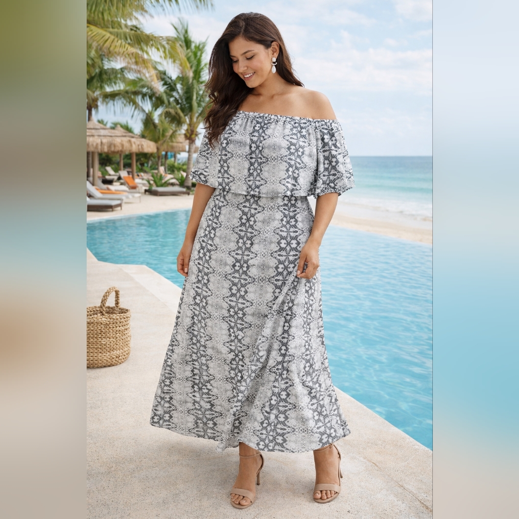 Eloquii Snakeskin Off Shoulder Maxi Dress 22 3x Ruffle Plus Size